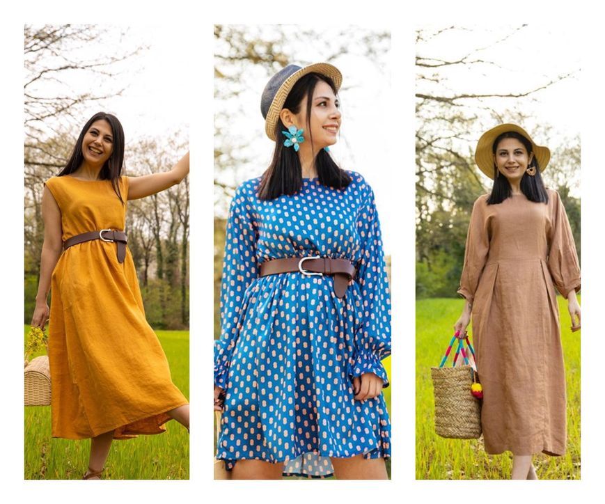 Cream & Rouge tasarımlı uzun boy hardal, mini boy mavi desenli saten ve uzun kollu keten elbise modelleri