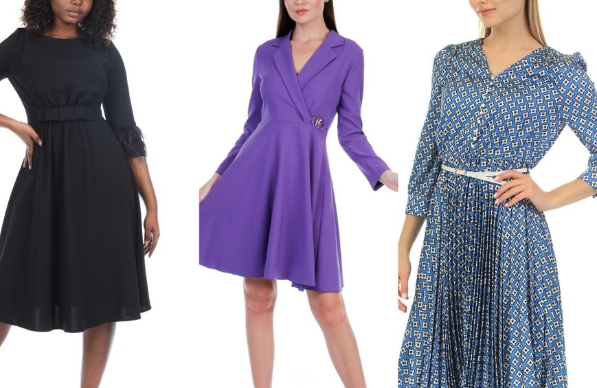 Roxelan kataloğundan siyah yarım kol, mor uzun kol V yaka ve mavi klasik desenli saten elbise modelleri