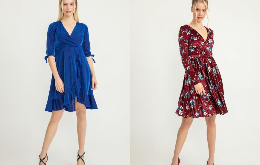 Kaktüs Moda klasik tasarım serisinden yarım kol mavi gece elbisesi ve uzun kol bordo günlük mini elbise modelleri 