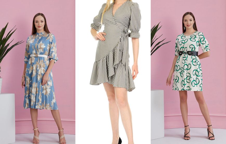 Sensiline yaz koleksiyonundan midi boy mavi, mini boy puantiyeli ve yeşil desenli yarım kol elbise modelleri