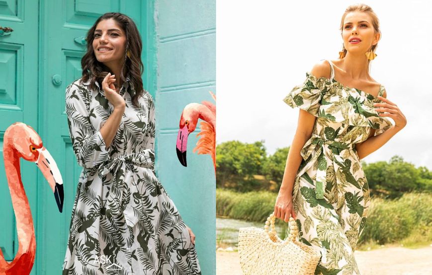 FK.Pynappel’ın 2023 yaz sezonu katalogundan doğa desenli uzun boy elbiseler