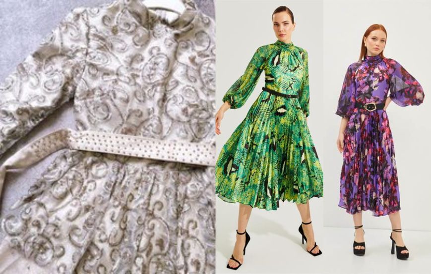 Setre koleksiyonundan desenli bir abiye, fıstık yeşili ve mor çiçekli midi boy günlük elbise modelleri