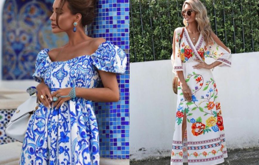 Asprin 2023 yaz kataloğundan mavi omuz dekolte elbise ve çiçek desenli günlü uzun boy elbise