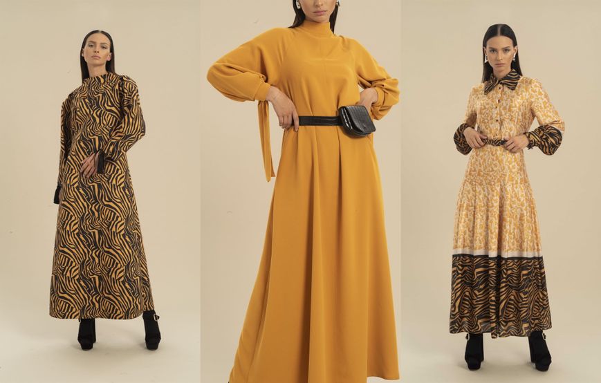Mimya tematik kolajından hardal ton uzun boy- uzun kol elbise modelleri
