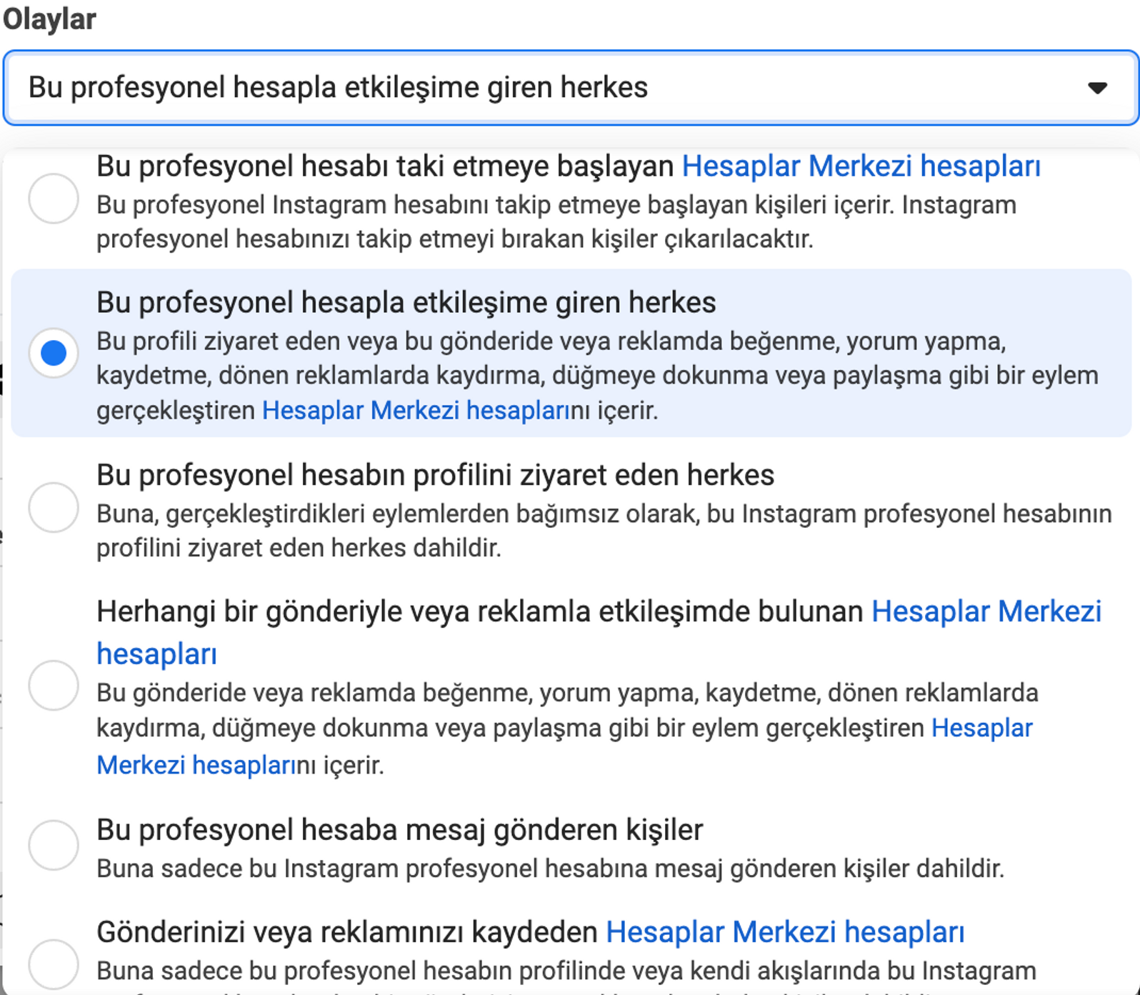 Profesyonel hesabınızla etkileşime giren insanların davranış türünü seçebileceğiniz olaylar kategorisi