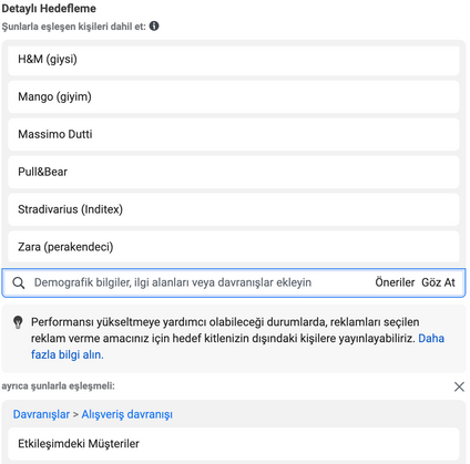 Detaylı Hedefleme'de dünya çapındaki büyük markaların hedef kitlelerini kullanarak yeni hedef kitlesi oluşturmak için kullanabileceğiniz arama motoru