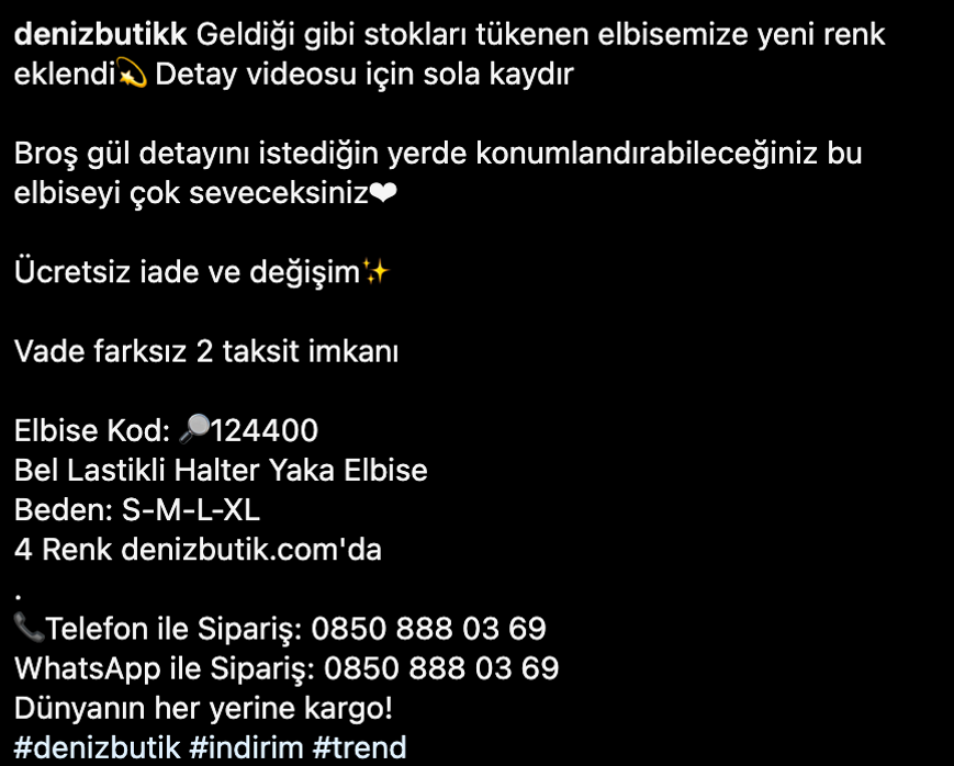 Deniz Butik'in Instagram sayfası üzerinde temel bilgi, ürünün faydaları, özel teklif ve iletişim bilgilerini verdiği paylaşım örneği