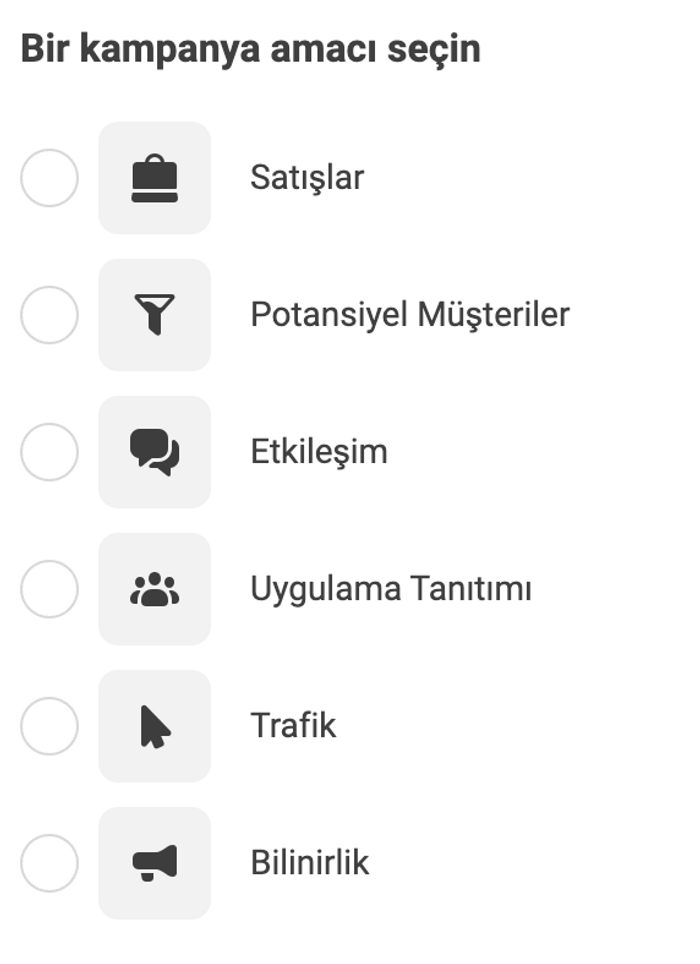 Reklam kampanyası oluşturabileceğiniz Meta arayüzünde kampanya seçenekleri