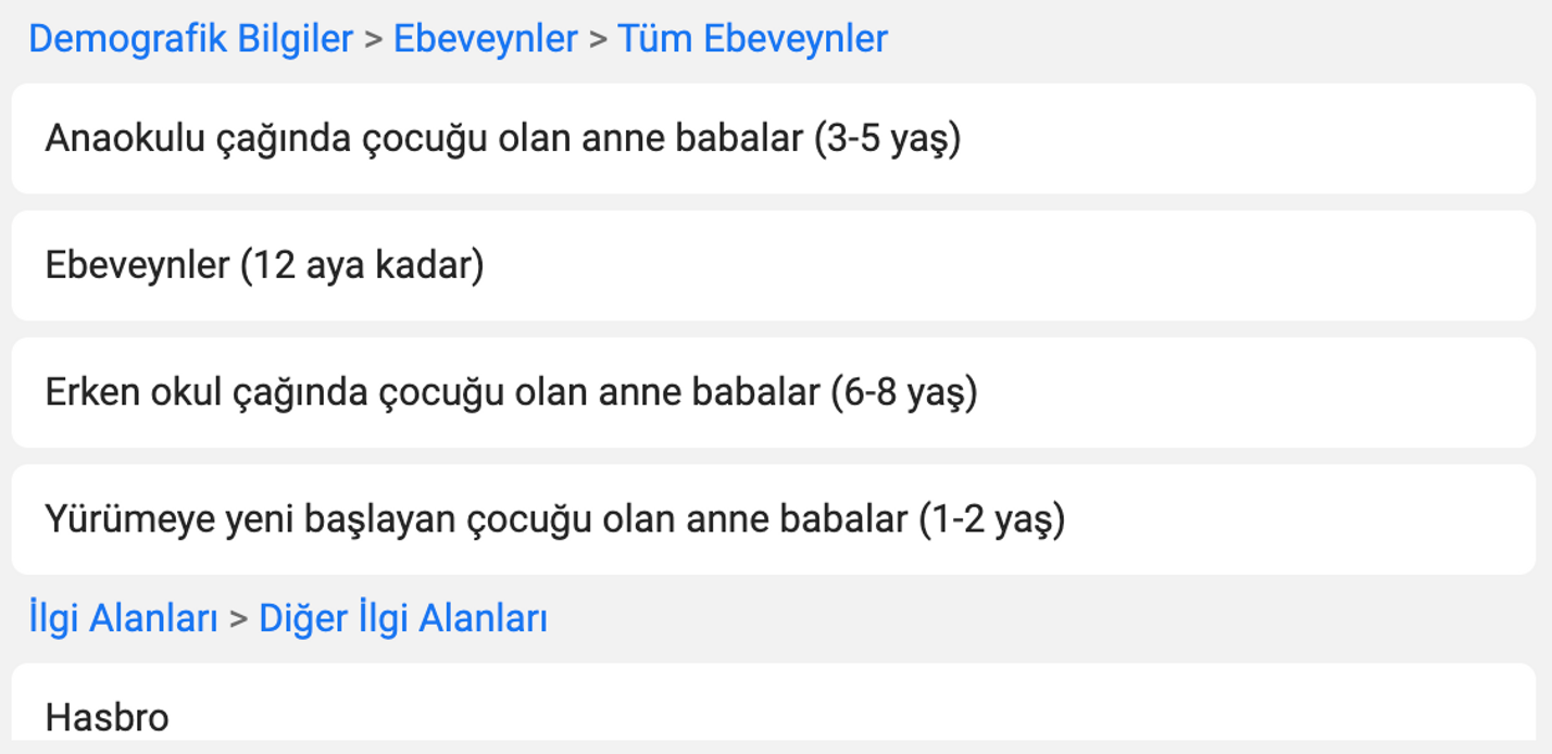 meta detaylı reklam hedefleme kitleleri ebeveynler