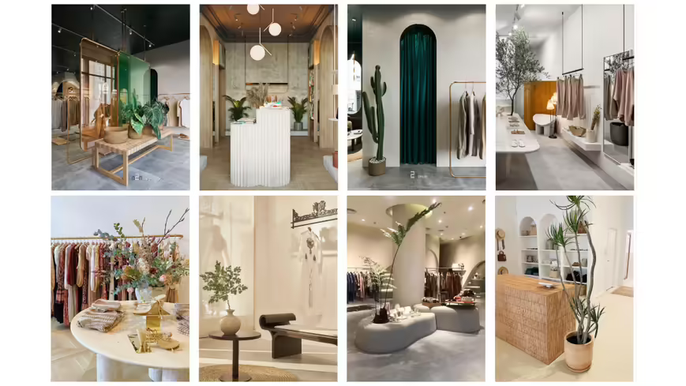 Een collage van boetiekkledingwinkels waarin planten centraal staan