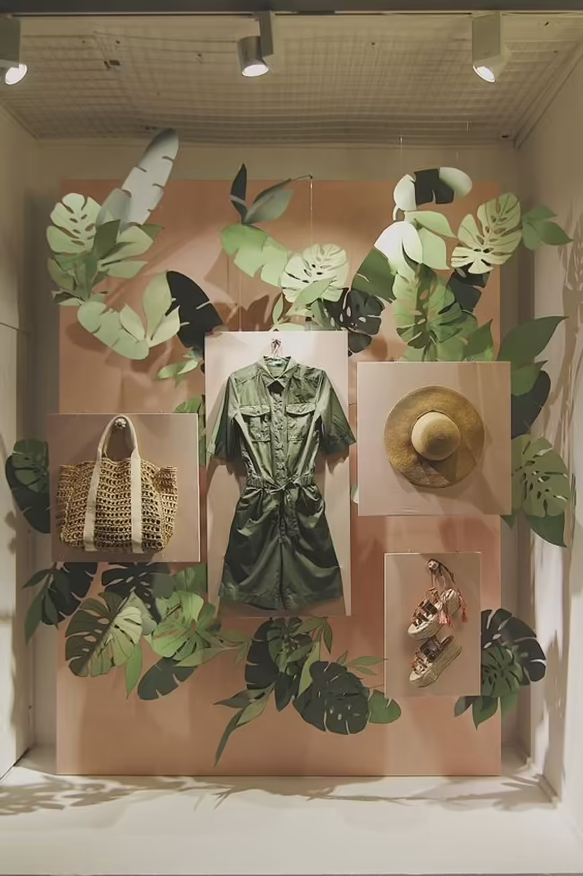 A women’s boutique display decorated with plants, featuring a green jumpsuit