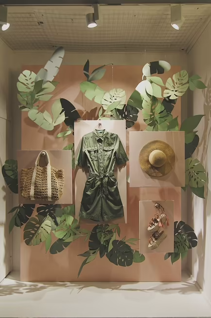 Een boetiekdisplay voor dames versierd met planten en een groene jurk