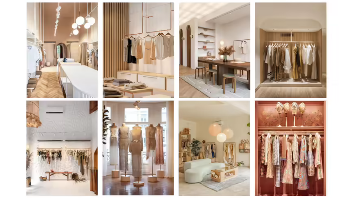 A collage showcasing the interior design of women’s clothing stores