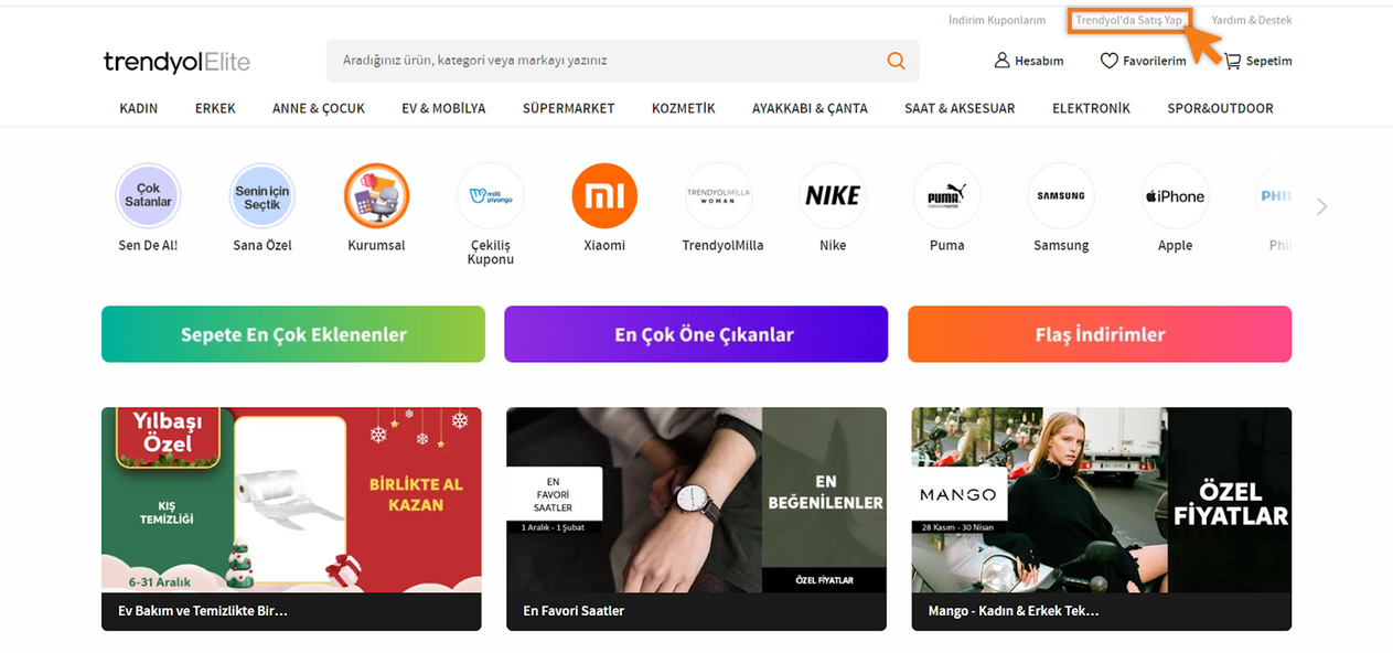 Trendyol butik açma sürecinde kadın giyim ürünlerinin satışı için ilk aşama olan "Satış yap" butonu