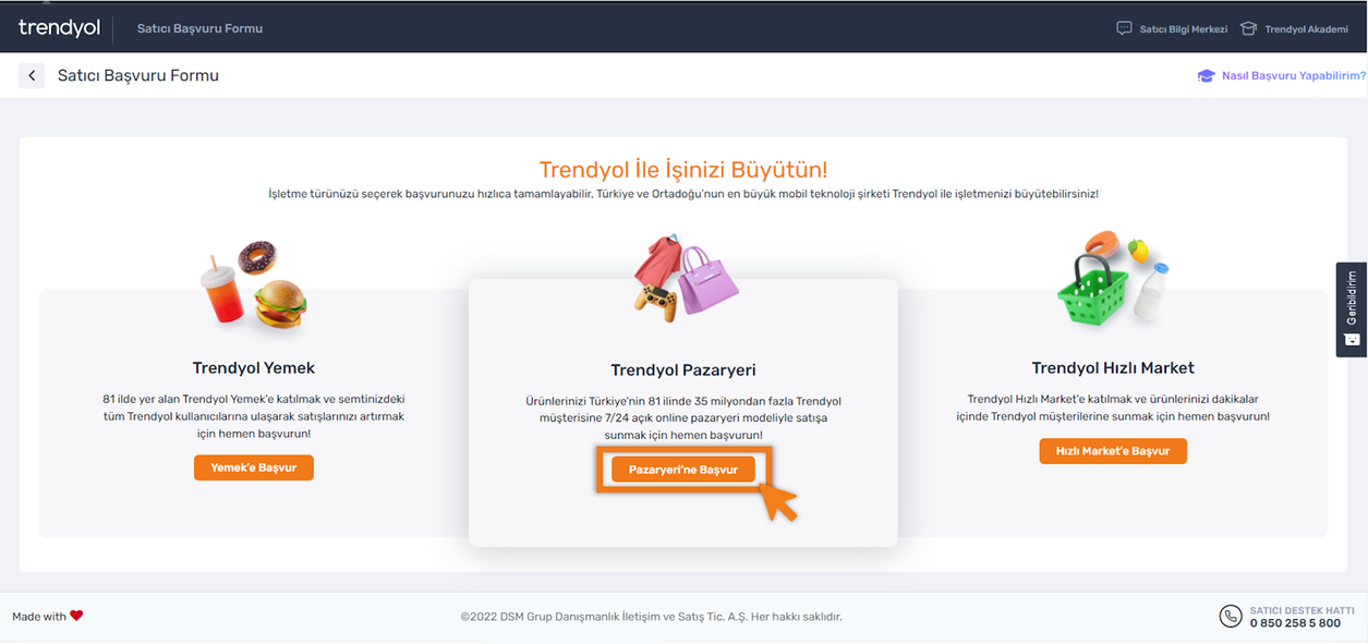 Trendyol pazaryerinde yer almak üzere başvuru kaydı formunun butonu