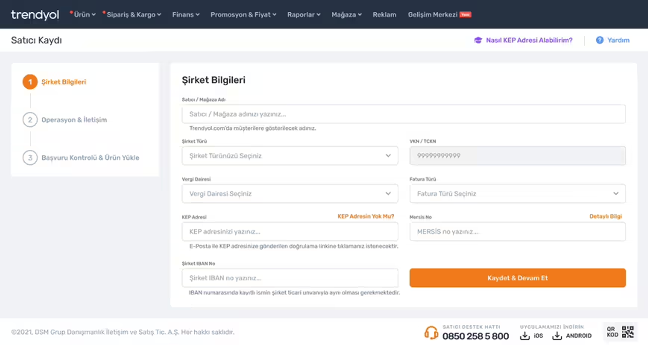 Trendyolda butik mağaza açmak isteyenler için satıcı kaydı formunun şirket bilgileri kısmı