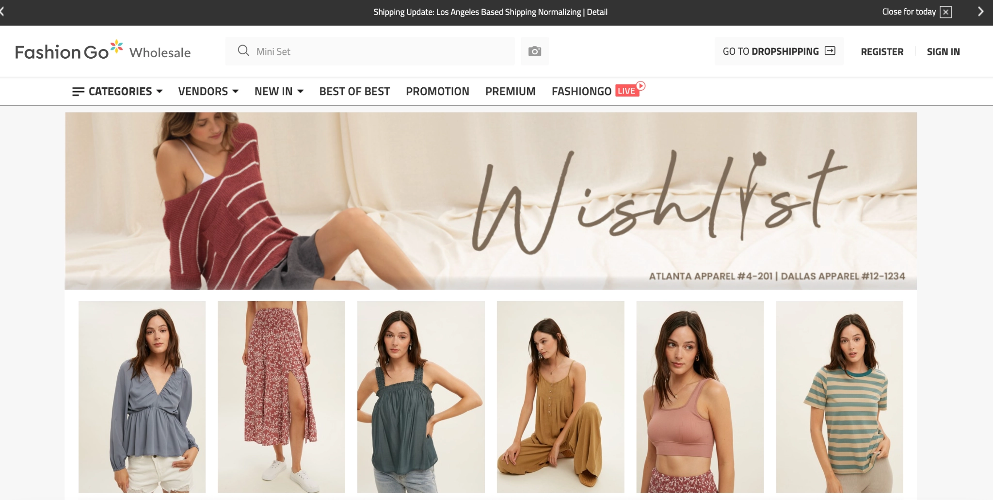 A screenshot of the website of FashionGo