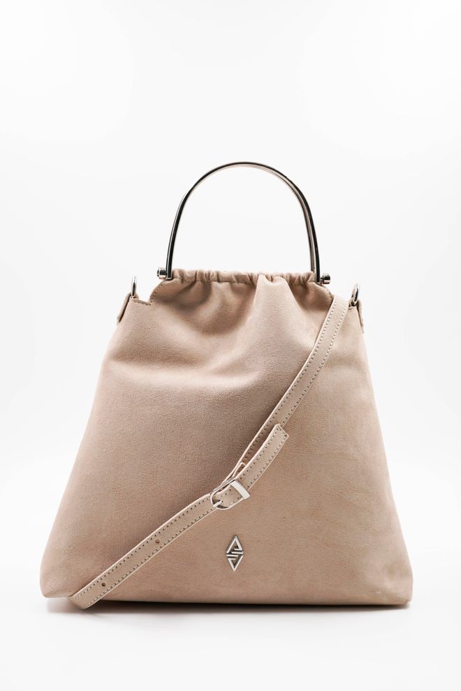 ARON Atelier Bolsa Feminina De Mão E Ombro Caren Beige Silver Com Detalhes Em Camurça Roupas por atacado 2