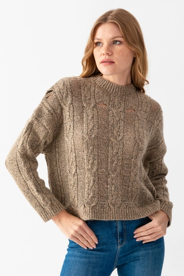 Модел на дрехи на едро носи  Плетен Пуловер С Кръгло Деколте
, турски едро пуловер на Ajour Triko