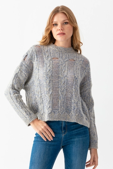 A wholesale clothing model wears  Hair Knit Crew Neck Sweater
, Turkish wholesale Sweater of Ajour Triko