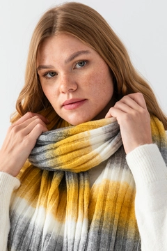 A wholesale clothing model wears ajo10070-striped-multicolored-scarf, Turkish wholesale Scarf of Ajour Triko