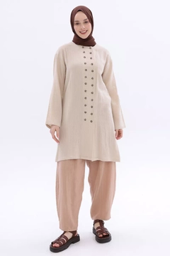 A wholesale clothing model wears all12599-double-button-shirt-tunic-stone, Turkish wholesale Tunic of Allday