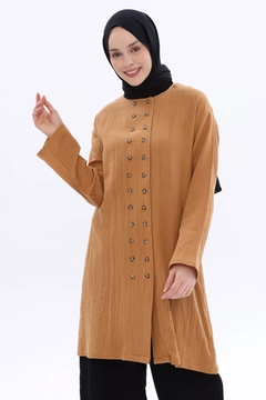 A wholesale clothing model wears all12602-double-button-shirt-tunic-tan, Turkish wholesale Tunic of Allday