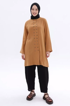 A wholesale clothing model wears all12602-double-button-shirt-tunic-tan, Turkish wholesale Tunic of Allday