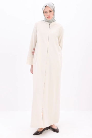 A wholesale clothing model wears  Stone Zippered Comfortable Fit Abaya - Stone
, Turkish wholesale Abaya of Allday