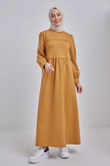 A wholesale clothing model wears  Gathered Dress - Mustard
, Turkish wholesale Dress of Allday