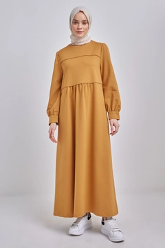 A wholesale clothing model wears all12853-gathered-dress-mustard, Turkish wholesale Dress of Allday