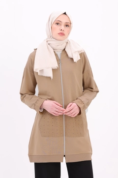 A wholesale clothing model wears all12834-flounced-shoulder-hooded-cardigan-mink, Turkish wholesale Cardigan of Allday