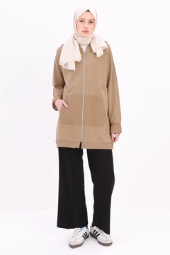 A wholesale clothing model wears all12834-flounced-shoulder-hooded-cardigan-mink, Turkish wholesale Cardigan of Allday