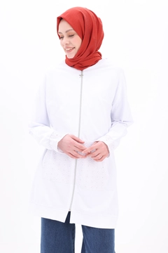 A wholesale clothing model wears all12850-flounced-shoulder-hooded-cardigan-white, Turkish wholesale Cardigan of Allday