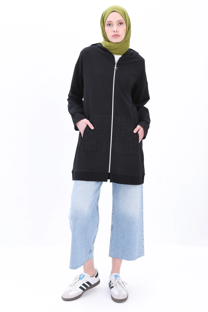 A wholesale clothing model wears all12839-flounced-shoulder-hooded-cardigan-black, Turkish wholesale Cardigan of Allday