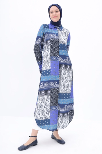 Un model de îmbrăcăminte angro poartă  Rochie Cămașă Cu Model - Indigo Și Alb
, turcesc angro Rochie de Allday