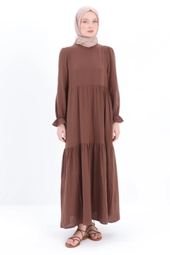 A wholesale clothing model wears all12937-brown-ruffled-muslin-dress-brown, Turkish wholesale Dress of Allday