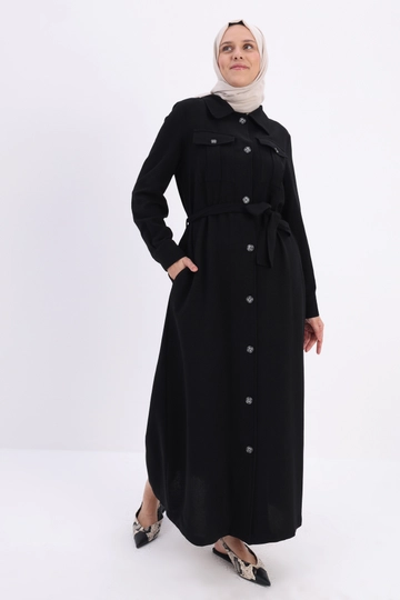 Модел на дрехи на едро носи  Удобна Абая С Цип - Черна
, турски едро Абая на Allday