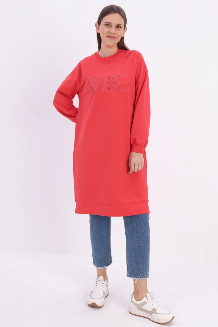 A wholesale clothing model wears all12954-mode-embroidered-knitted-tunic-pomegranate-flower, Turkish wholesale Tunic of Allday