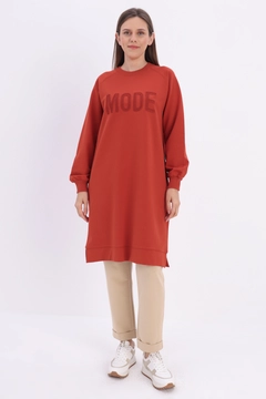 A wholesale clothing model wears all12956-tile-mode-embroidered-knitted-tunic-brick-red, Turkish wholesale Tunic of Allday