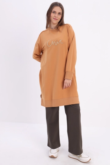 A wholesale clothing model wears  Embroidered Sweat Tunic - Mustard
, Turkish wholesale  of Allday