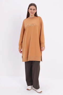 A wholesale clothing model wears all12972-embroidered-sweat-tunic-mustard, Turkish wholesale Tunic of Allday