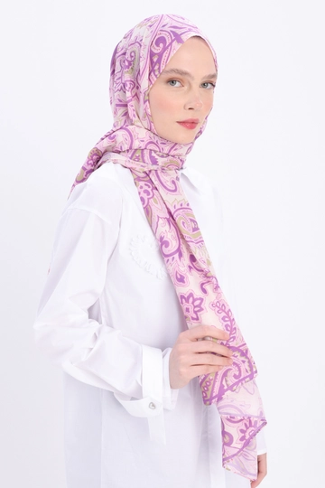 Ένα μοντέλο χονδρικής πώλησης ρούχων φοράει  -Μπεζ Ζιγκ-ζαγκ Βαμβακερό Ζακάρ Σάλι - Ροζ
, τούρκικο Σάλι χονδρικής πώλησης από Allday