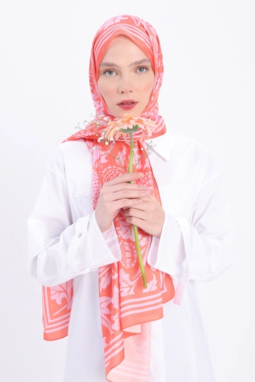 A wholesale clothing model wears  -pink Zigzag Cotton Jacquard Shawl - Orange
, Turkish wholesale Shawl of Allday