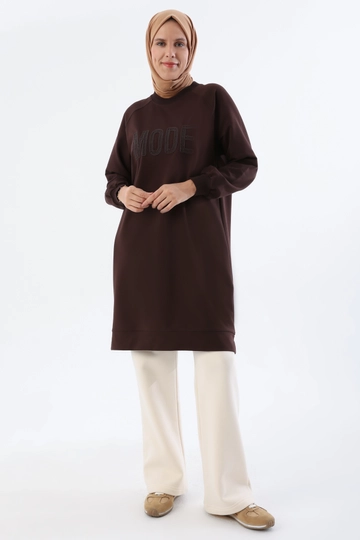 Модель оптовой продажи одежды носит  Вязаная Туника Bitter Brown Mode - Коричневый
, турецкий оптовый товар Туника от Allday.