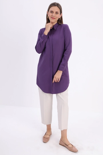 A wholesale clothing model wears  Hidden Placket Shirt Tunic - Purple
, Turkish wholesale Tunic of Allday
