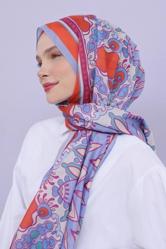 A wholesale clothing model wears all13002-blue-zigzag-cotton-jacquard-shawl-orange, Turkish wholesale Shawl of Allday
