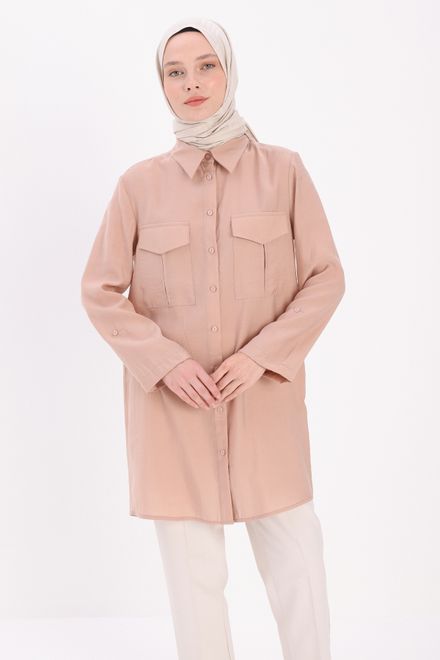 A wholesale clothing model wears  Double Pocket Shirt Tunic - Beige
, Turkish wholesale  of Allday