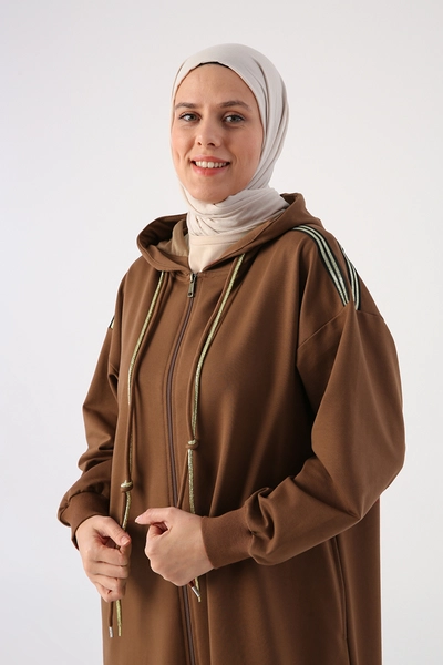 A model wears 47108 - Abaya - Light Brown, wholesale Abaya of Allday to display at Lonca