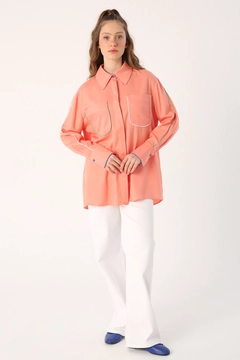 A wholesale clothing model wears 48042 - Shirt - Salmon Pink, Turkish wholesale Shirt of Allday